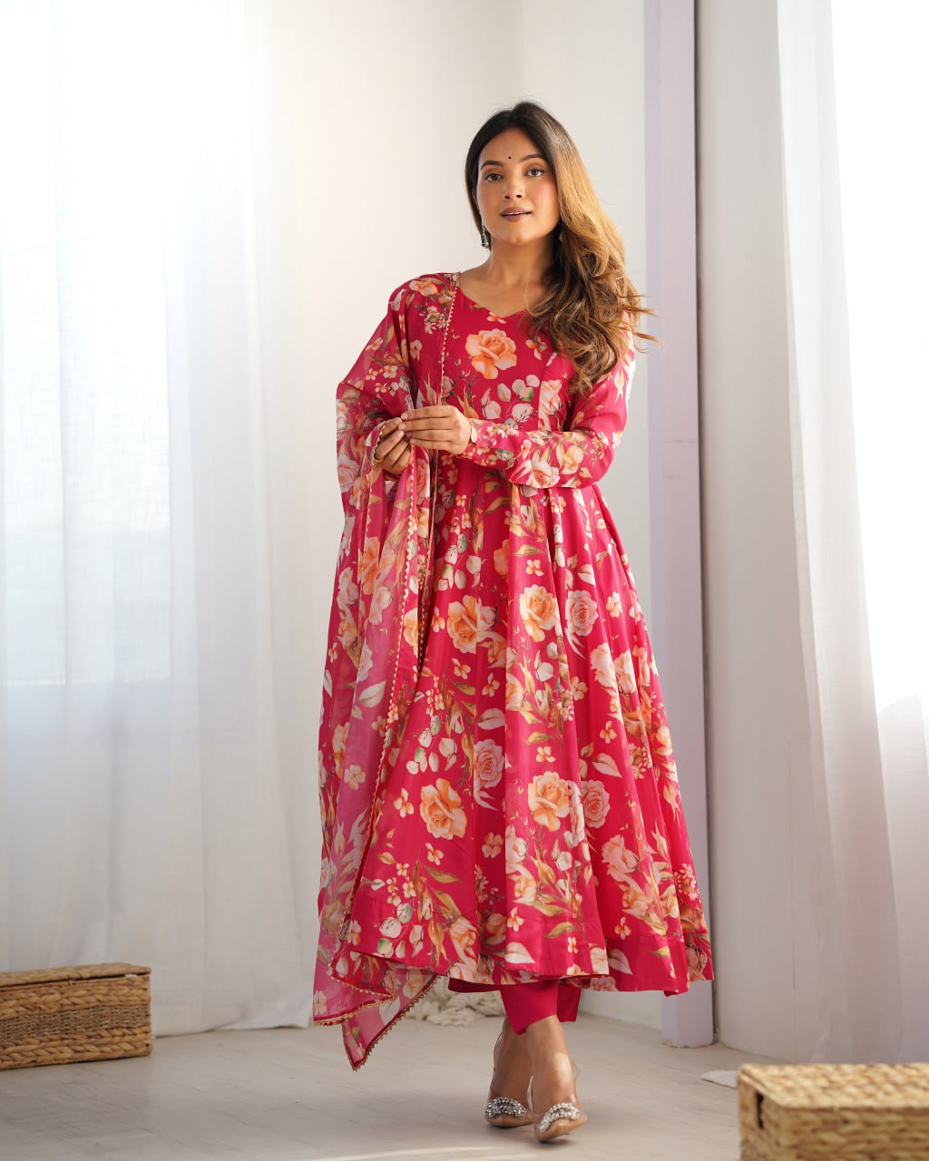 PINK Premium Organza Silk Printed Anarkali Suit with Gota Patti Dupatta