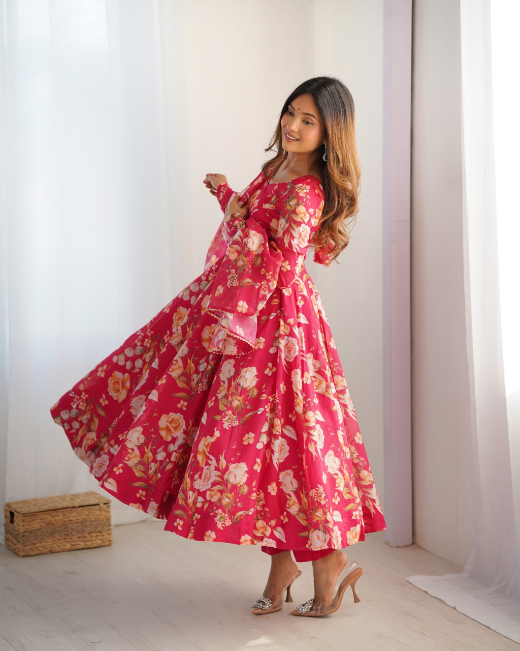 PINK Premium Organza Silk Printed Anarkali Suit with Gota Patti Dupatta