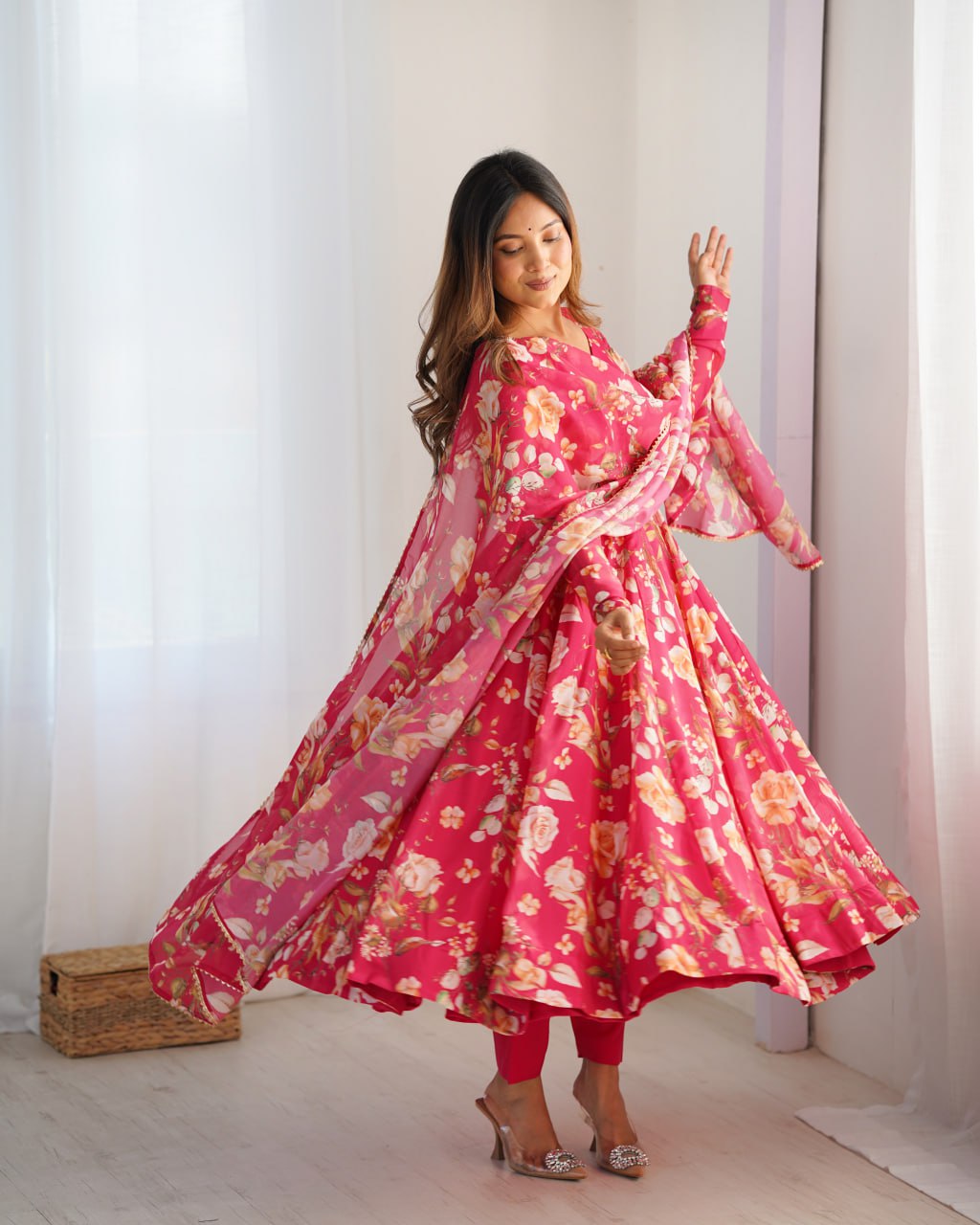 Pink Premium Organza Silk Printed Anarkali Suit with Gota Patti Dupatta