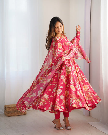 Pink Premium Organza Silk Printed Anarkali Suit with Gota Patti Dupatta