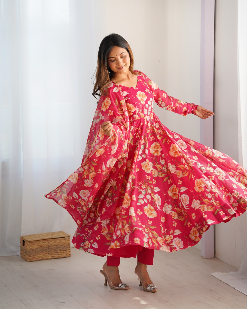 PINK Premium Organza Silk Printed Anarkali Suit with Gota Patti Dupatta