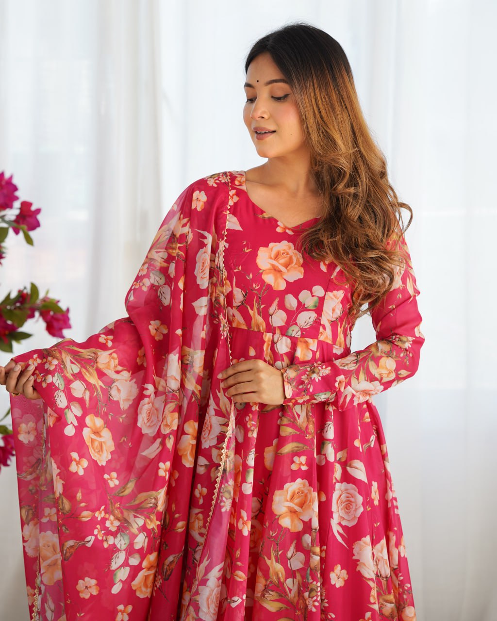 PINK Premium Organza Silk Printed Anarkali Suit with Gota Patti Dupatta