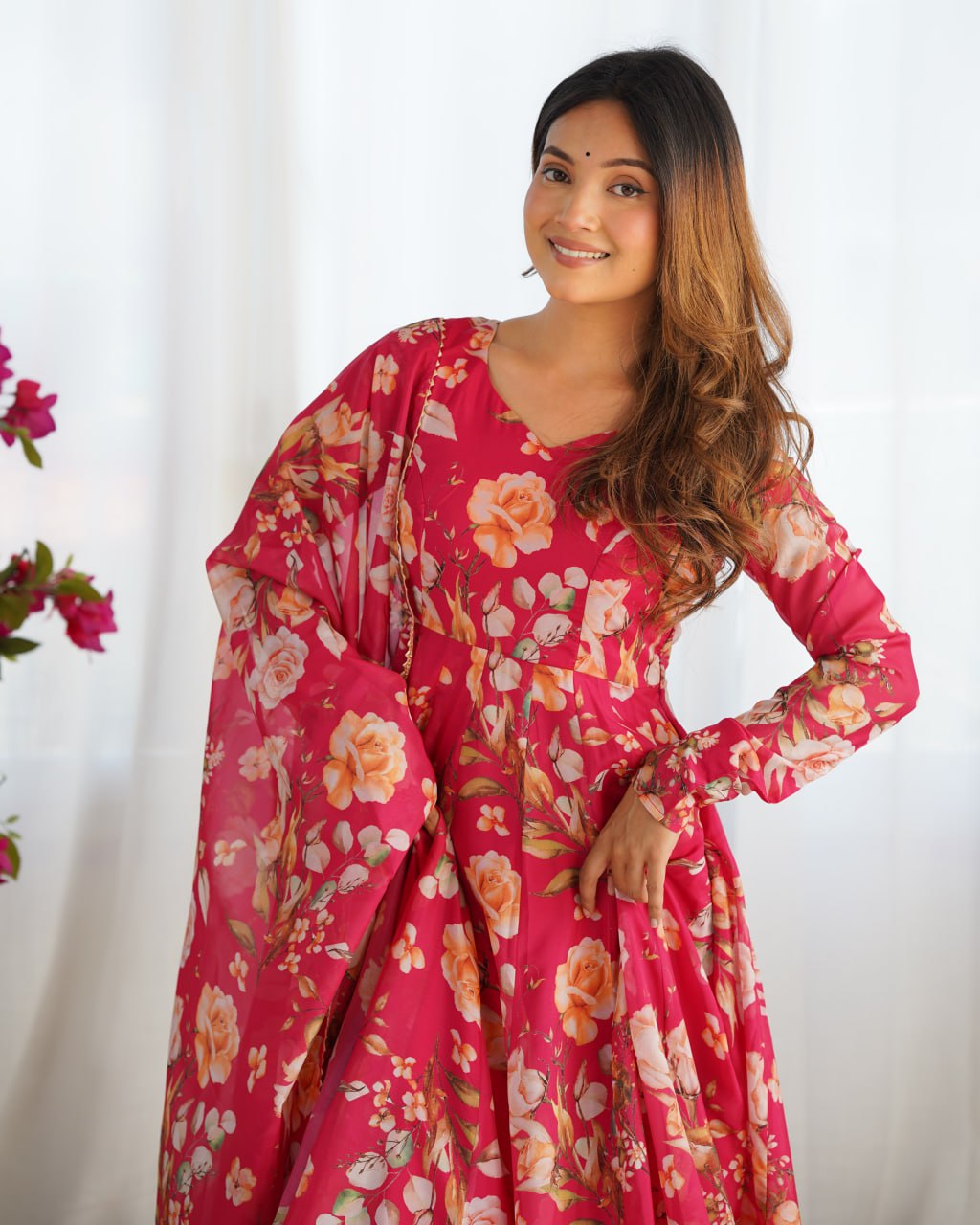 PINK Premium Organza Silk Printed Anarkali Suit with Gota Patti Dupatta