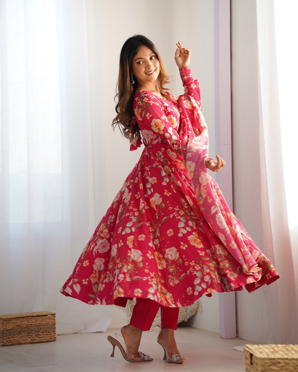 PINK Premium Organza Silk Printed Anarkali Suit with Gota Patti Dupatta