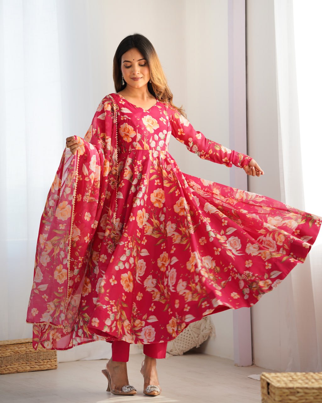 PINK Premium Organza Silk Printed Anarkali Suit with Gota Patti Dupatta