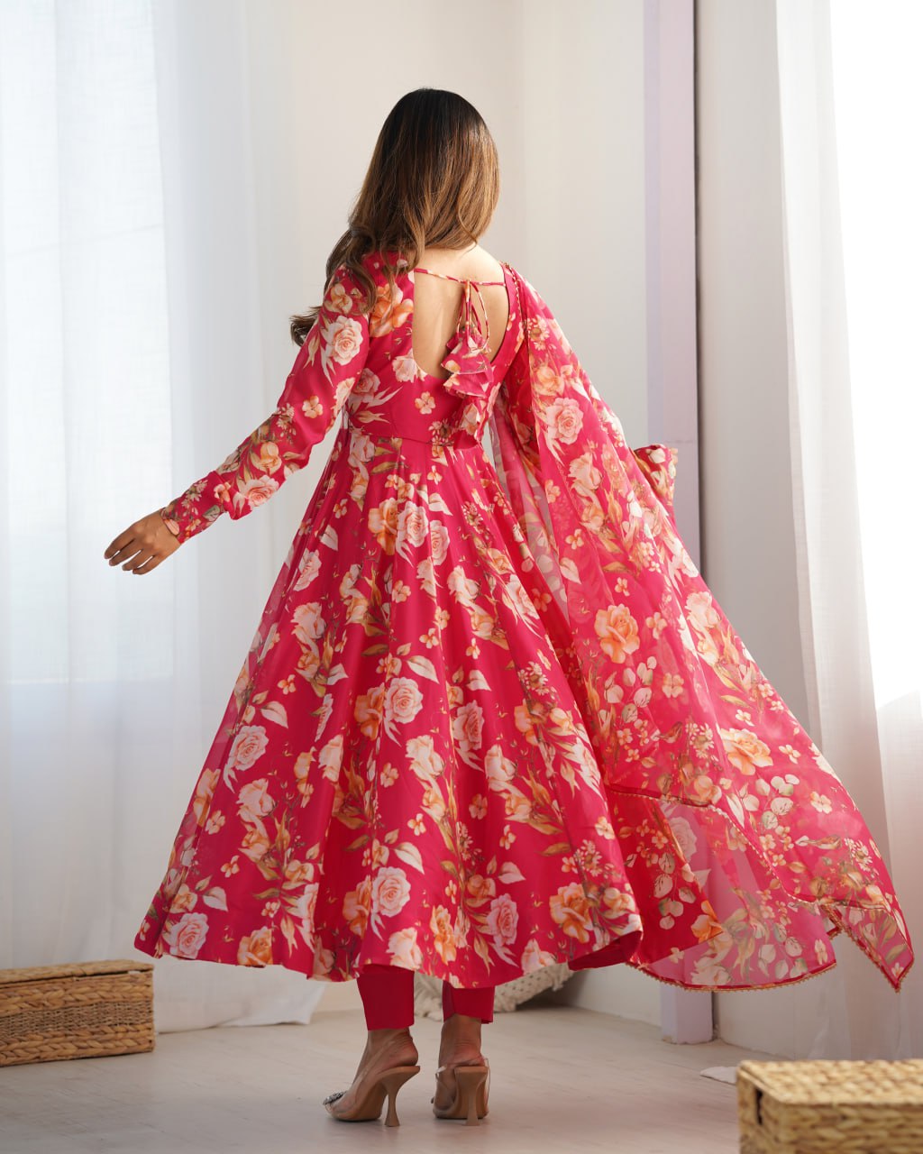PINK Premium Organza Silk Printed Anarkali Suit with Gota Patti Dupatta