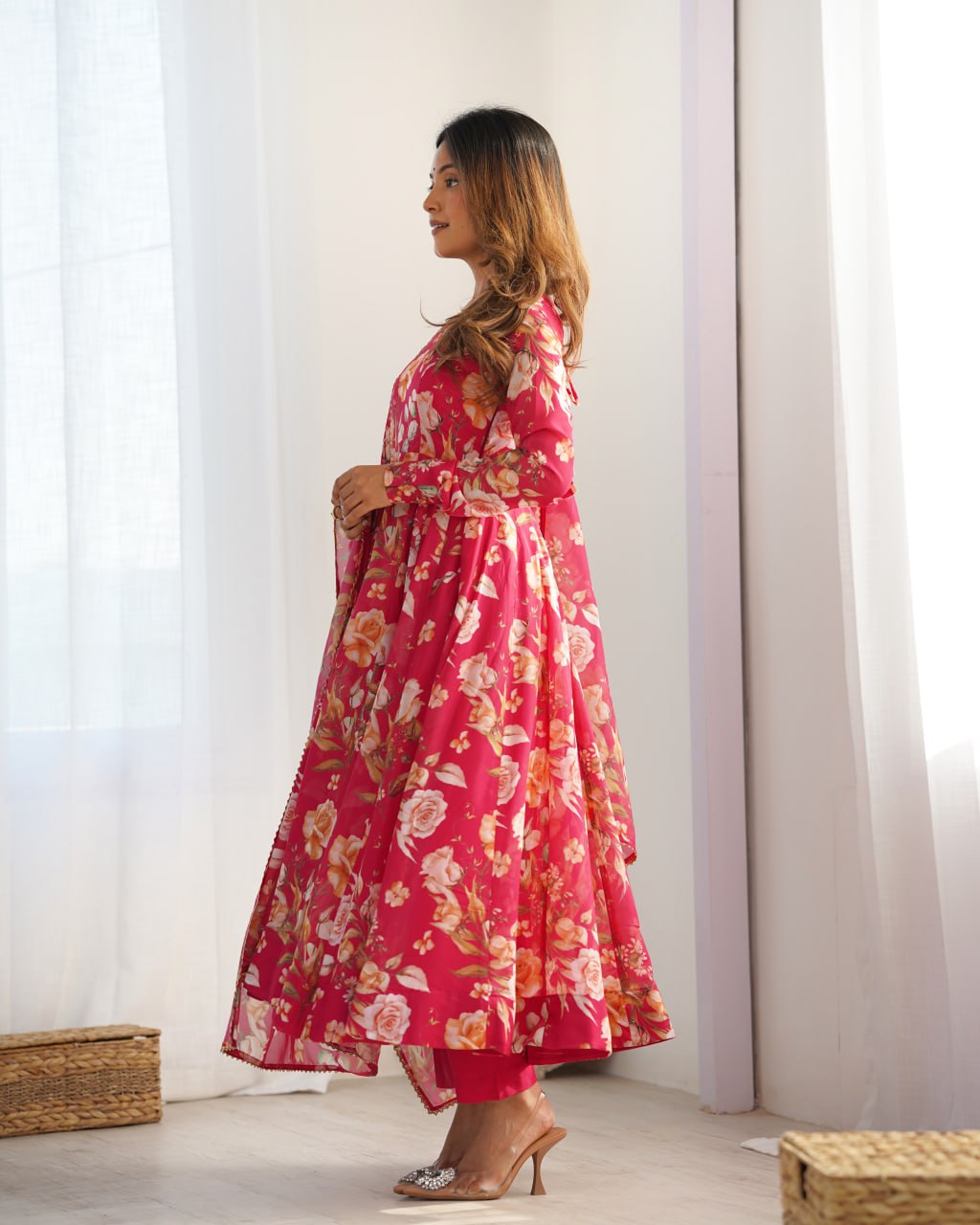 PINK Premium Organza Silk Printed Anarkali Suit with Gota Patti Dupatta