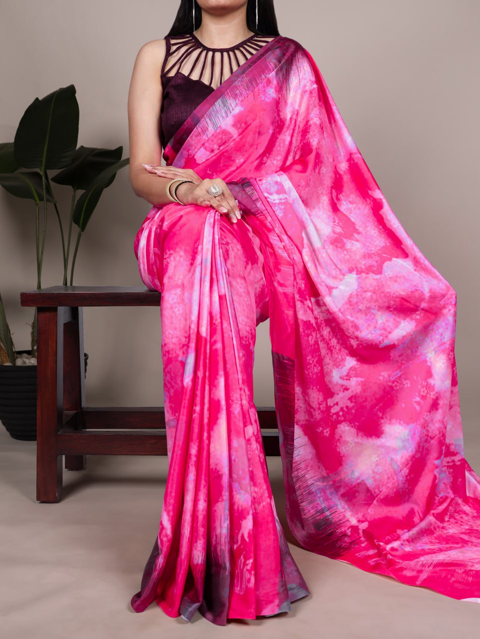Pink Satin Silk Printed Saree with Fabric Elegant Banglory Blouse