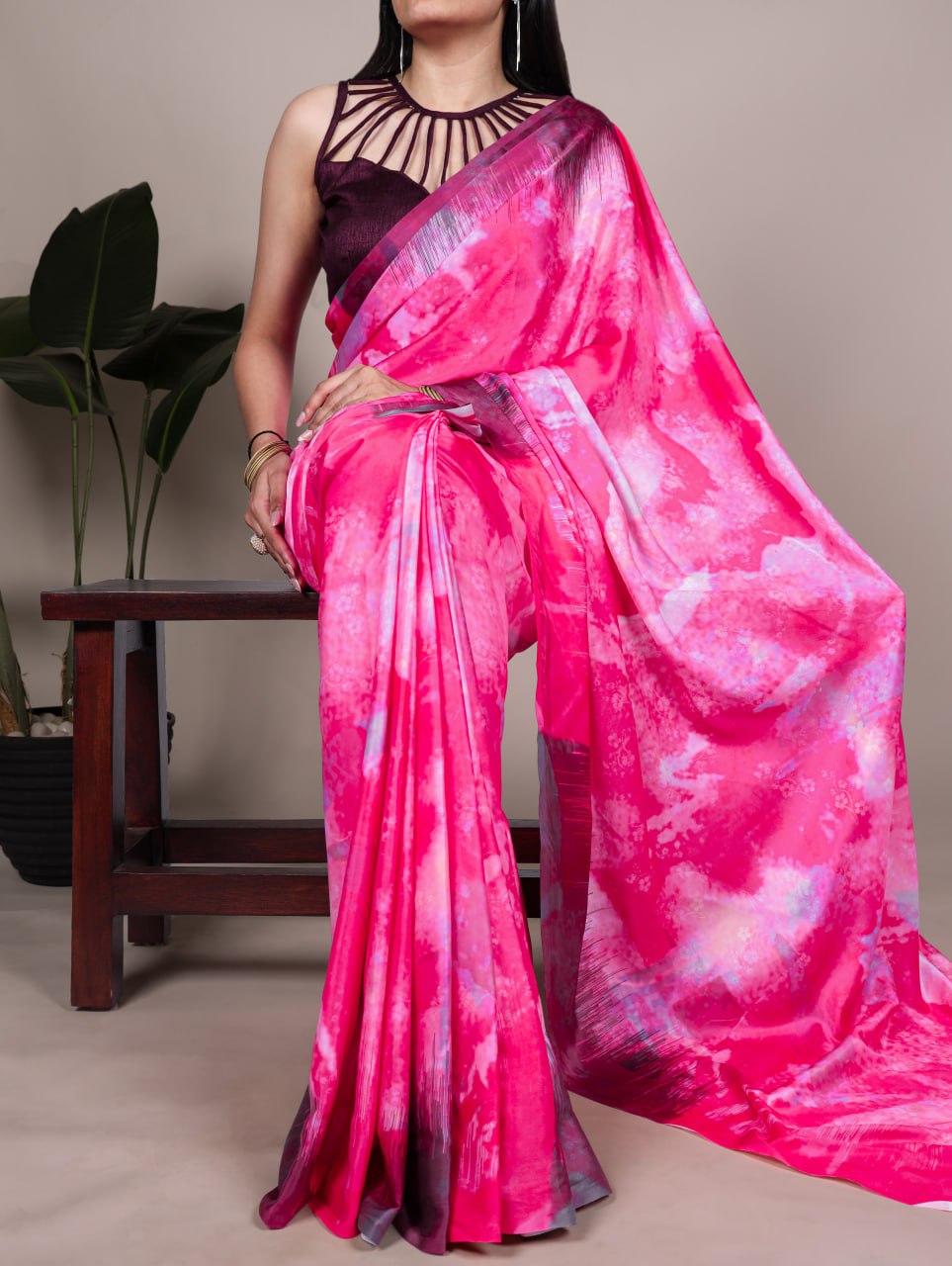Pink Satin Silk Printed Saree with Fabric Elegant Banglory Blouse