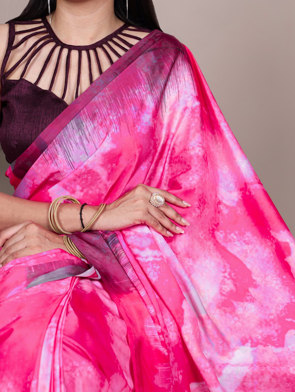 Pink Satin Silk Printed Saree with Fabric Elegant Banglory Blouse