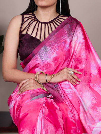 Pink Satin Silk Printed Saree with Fabric Elegant Banglory Blouse