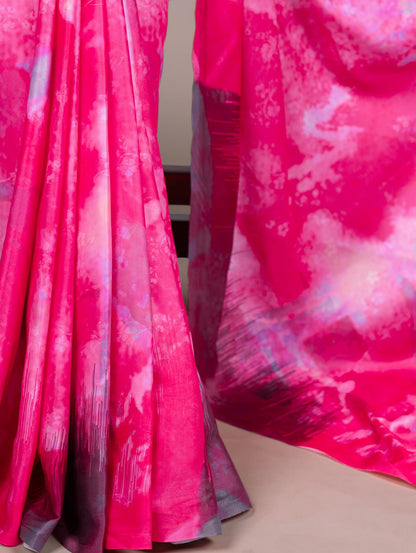 Pink Satin Silk Printed Saree with Fabric Elegant Banglory Blouse