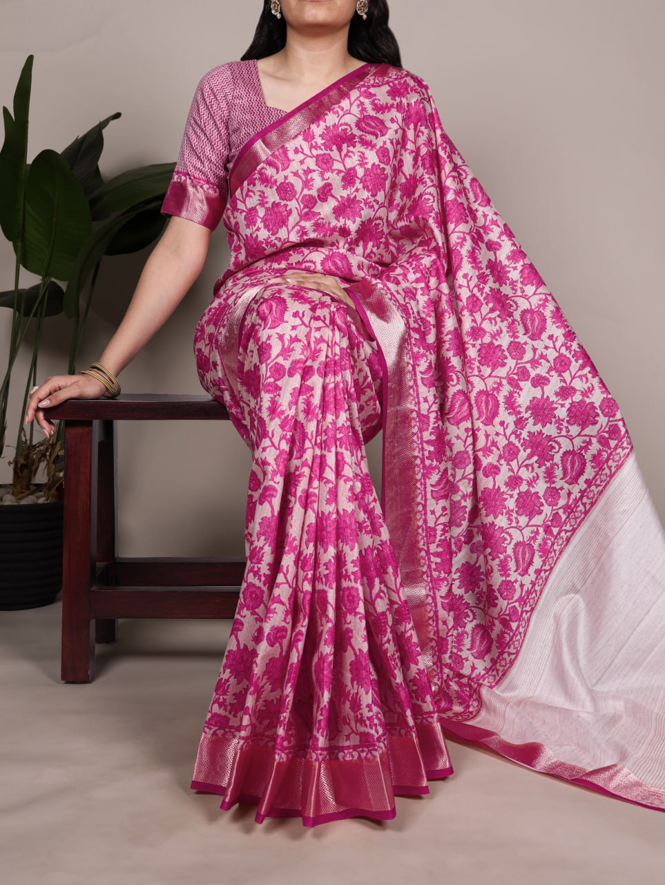 Pink Tasar Silk Printed Saree with Shimmering Viscose Red Border