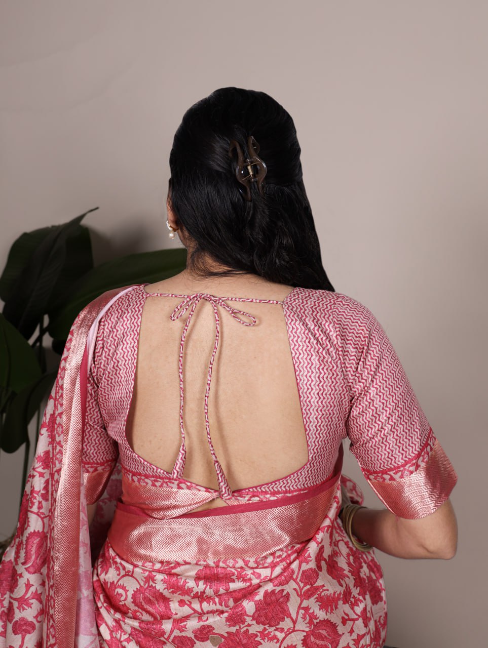 Pink Tasar Silk Printed Saree with Shimmering Viscose Red Border