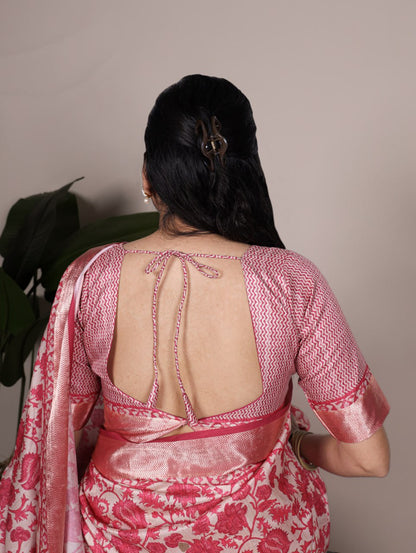 Pink Tasar Silk Printed Saree with Shimmering Viscose Red Border