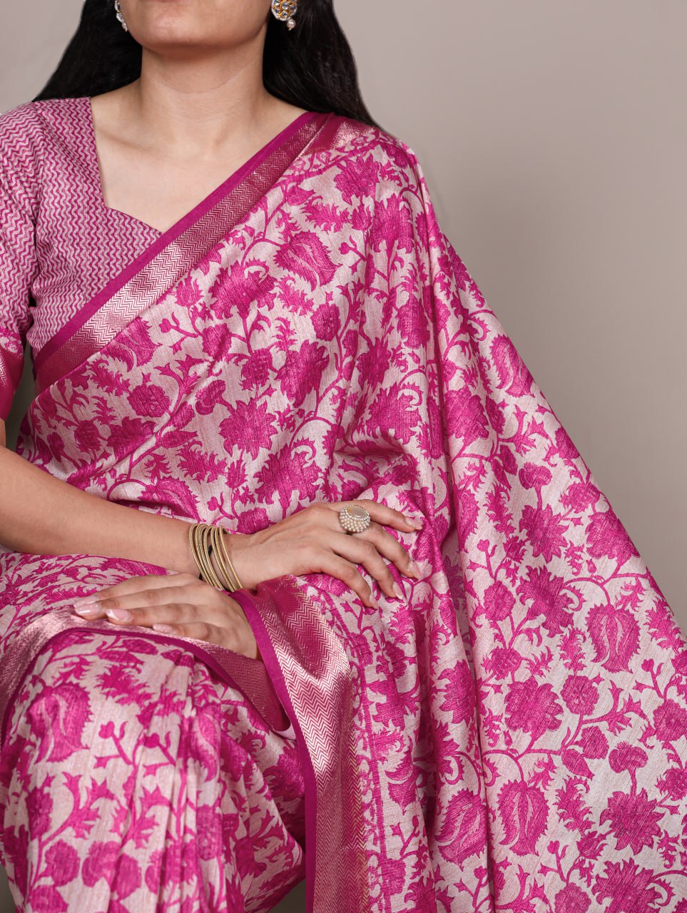 Pink Tasar Silk Printed Saree with Shimmering Viscose Red Border