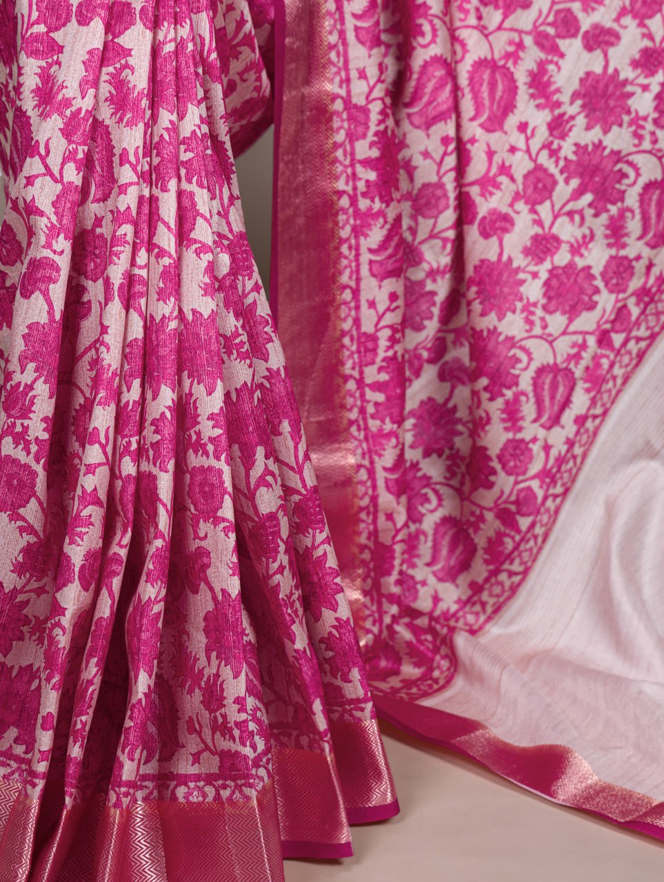 Pink Tasar Silk Printed Saree with Shimmering Viscose Red Border