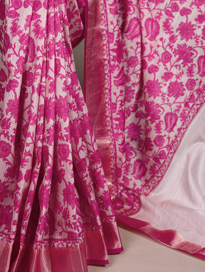 Pink Tasar Silk Printed Saree with Shimmering Viscose Red Border