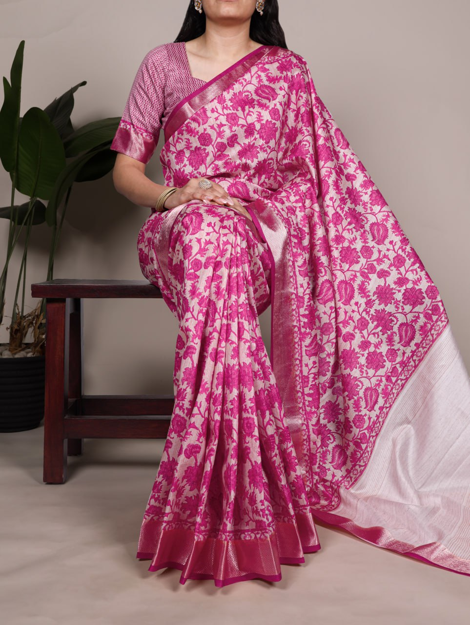 Pink Tasar Silk Printed Saree with Shimmering Viscose Red Border