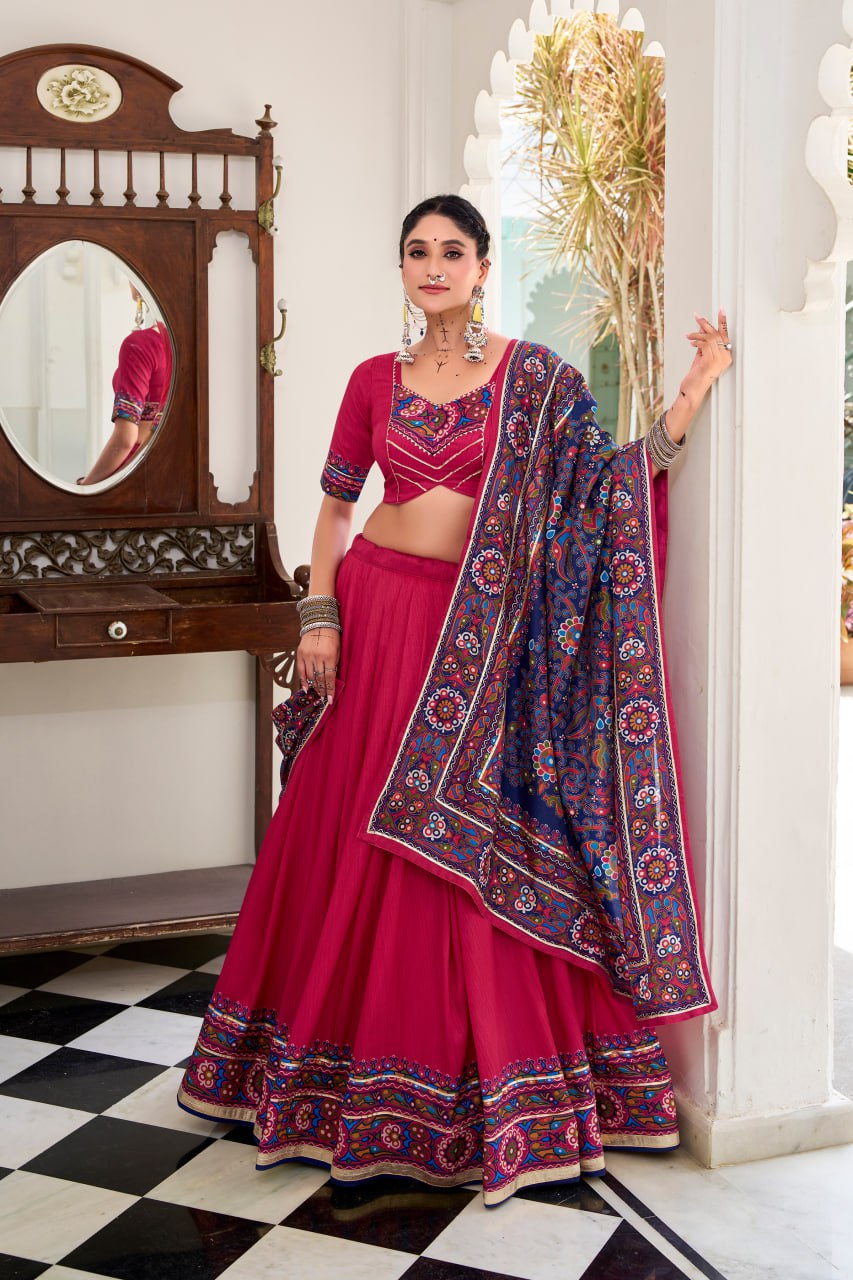Pink Tassar Silk Lehenga Choli with Gamthi Print Dupatta for Navratri - 3