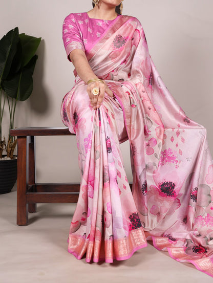 Pink Tussar Silk Printed Saree with Viscose Border Matching Blouse
