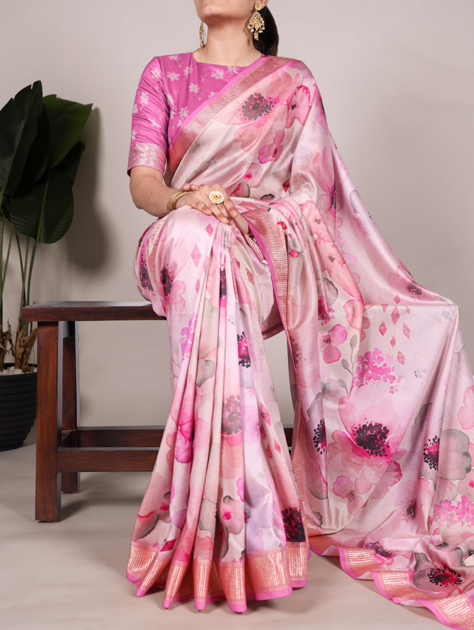 Pink Tussar Silk Printed Saree with Viscose Border Matching Blouse