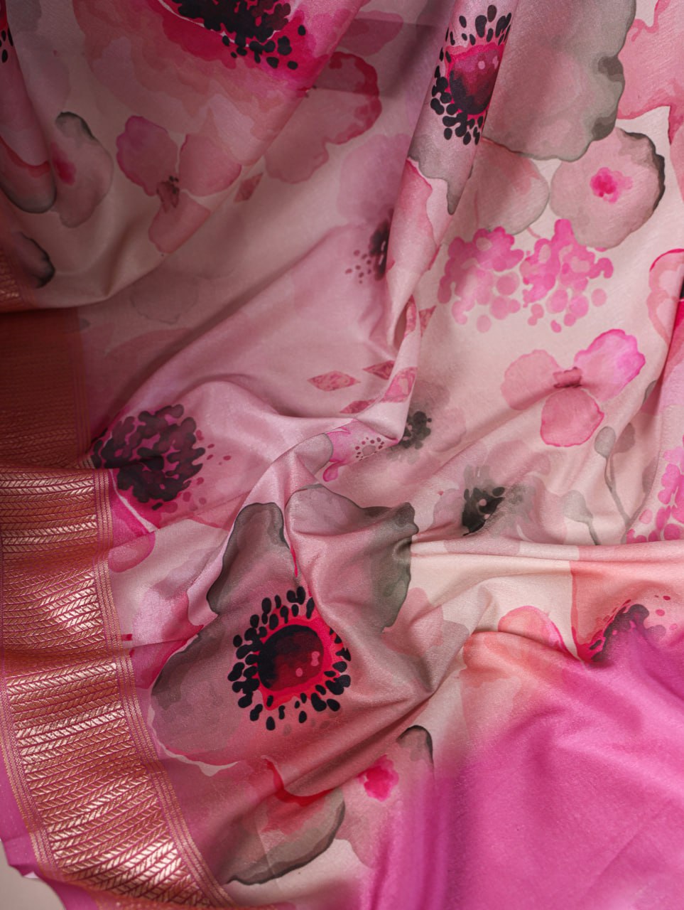 Pink Tussar Silk Printed Saree with Viscose Border Matching Blouse
