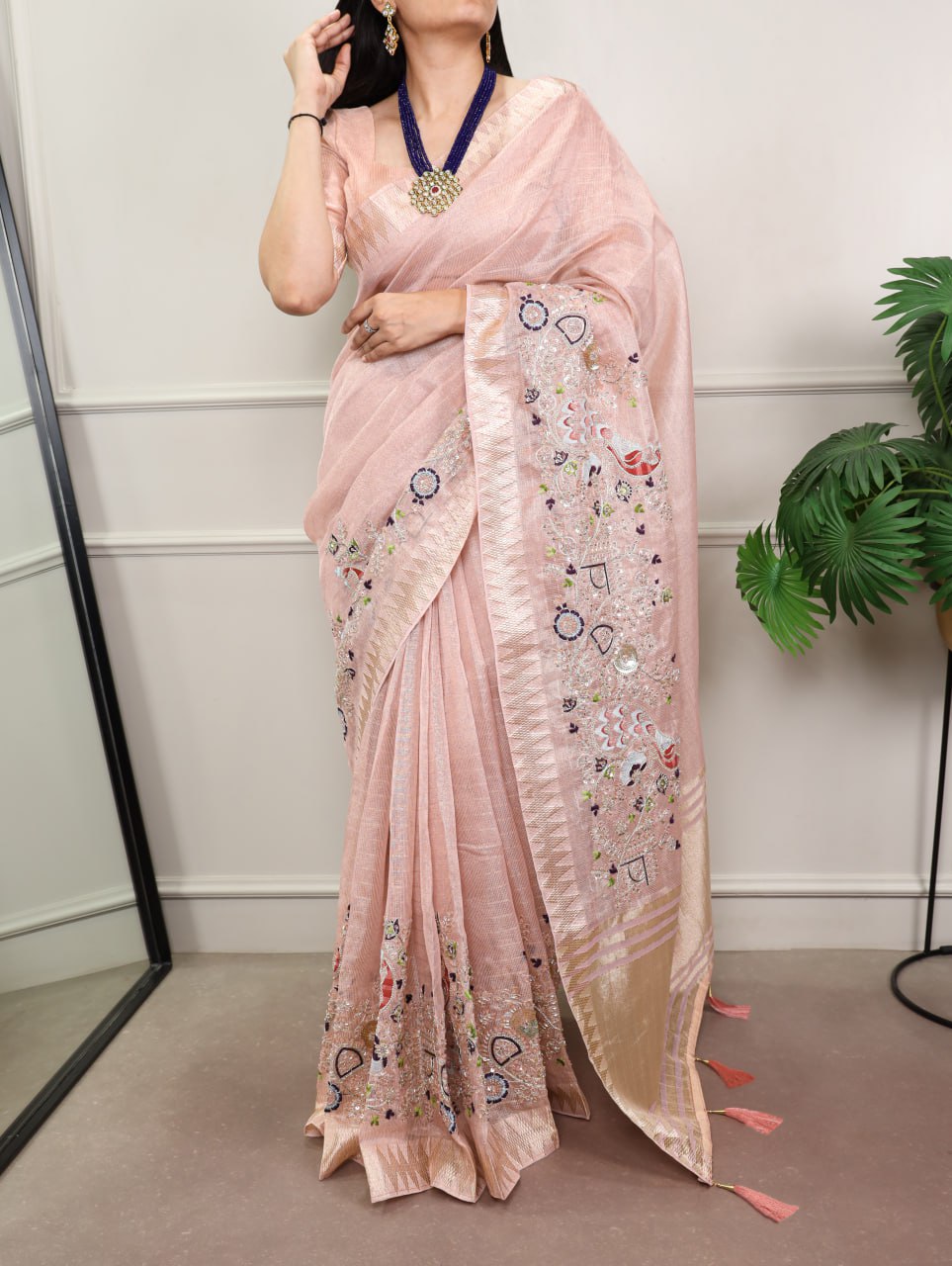 Pink Zari Kota Tissue Embroidery Beads Zari Weaving Work With Saree