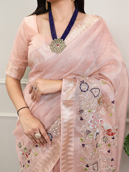 Pink Zari Kota Tissue Embroidery Beads Zari Weaving Work With Saree