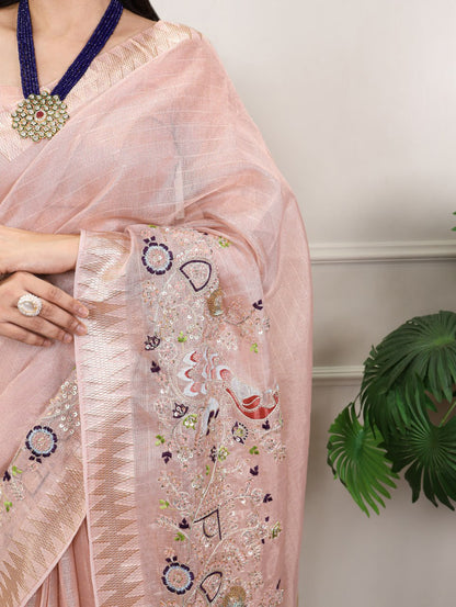 Pink Zari Kota Tissue Embroidery Beads Zari Weaving Work With Saree