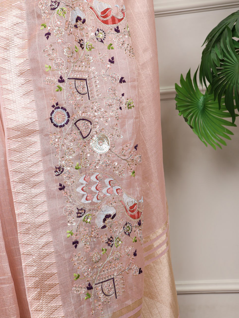 Pink Zari Kota Tissue Embroidery Beads Zari Weaving Work With Saree