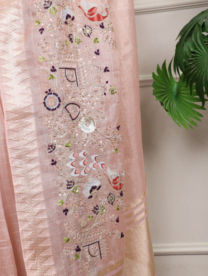 Pink Zari Kota Tissue Embroidery Beads Zari Weaving Work With Saree