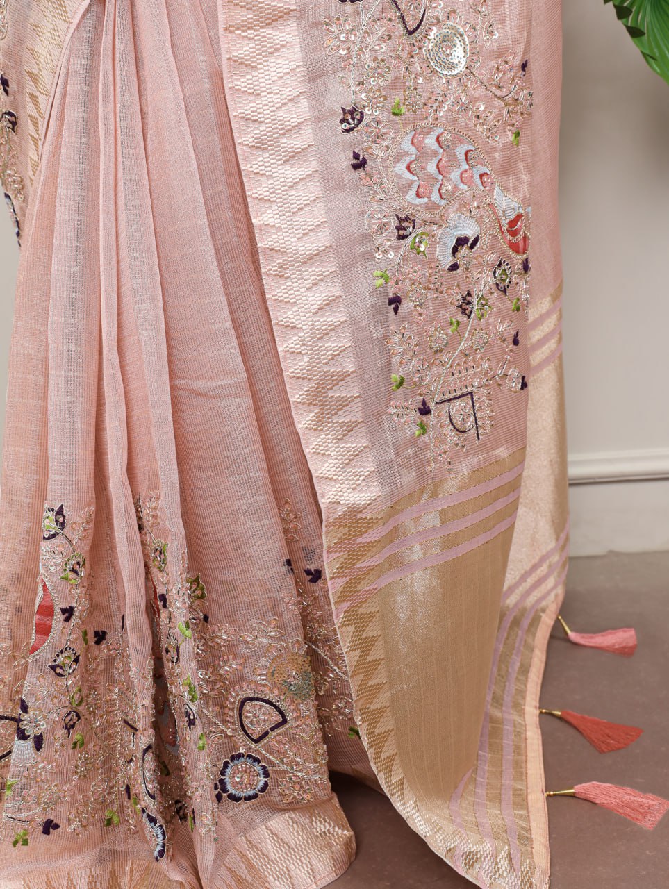 Pink Zari Kota Tissue Embroidery Beads Zari Weaving Work With Saree