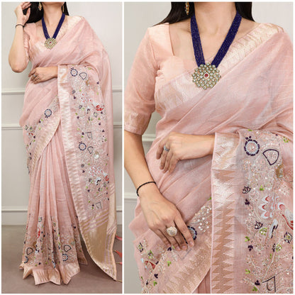 Pink Zari Kota Tissue Embroidery Beads Zari Weaving Work With Saree