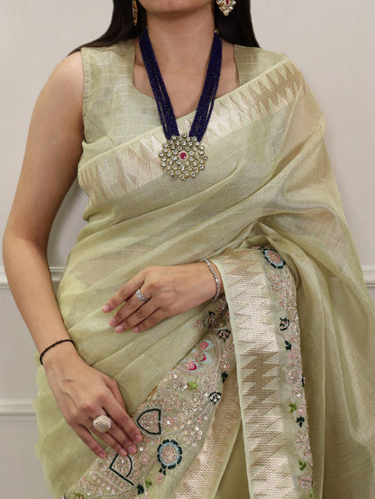 Pista Green Zari Kota Tissue Embroidery Beads Zari Weaving Work With Saree