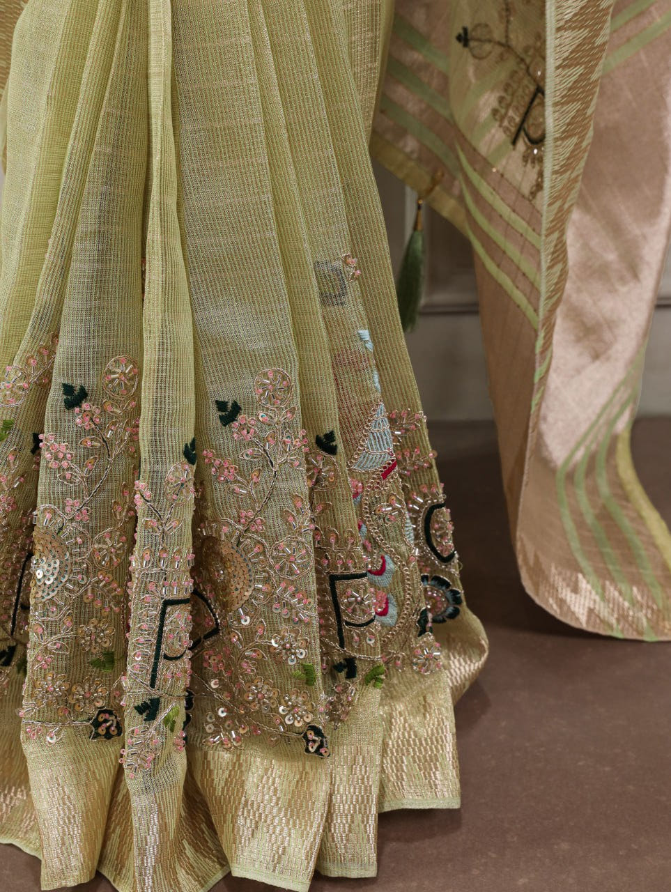 Pista Green Zari Kota Tissue Embroidery Beads Zari Weaving Work With Saree