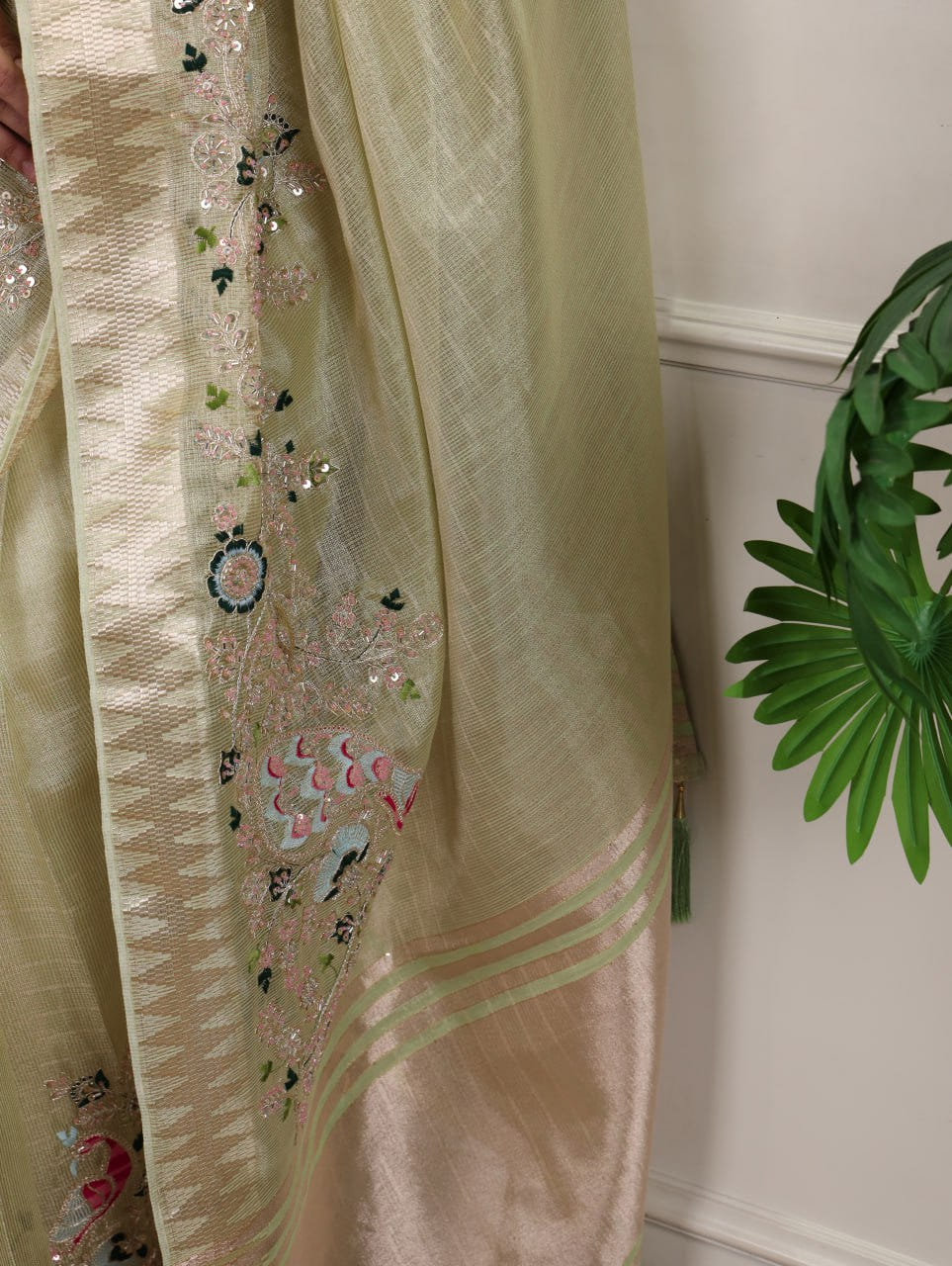 Pista Green Zari Kota Tissue Embroidery Beads Zari Weaving Work With Saree