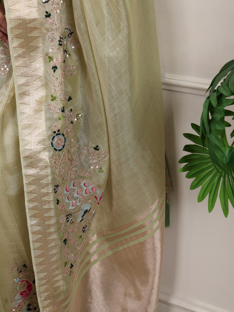 Pista Green Zari Kota Tissue Embroidery Beads Zari Weaving Work With Saree