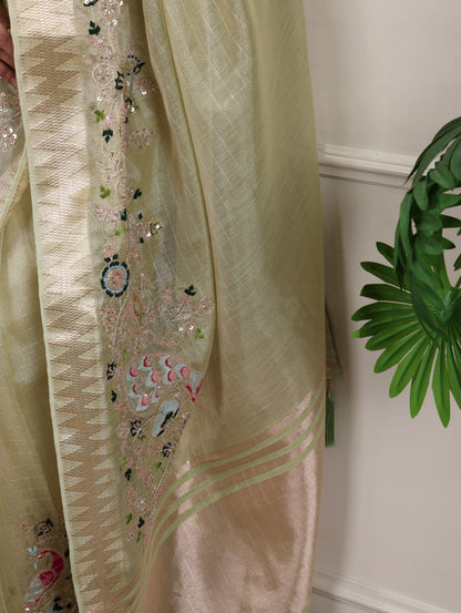 Pista Green Zari Kota Tissue Embroidery Beads Zari Weaving Work With Saree