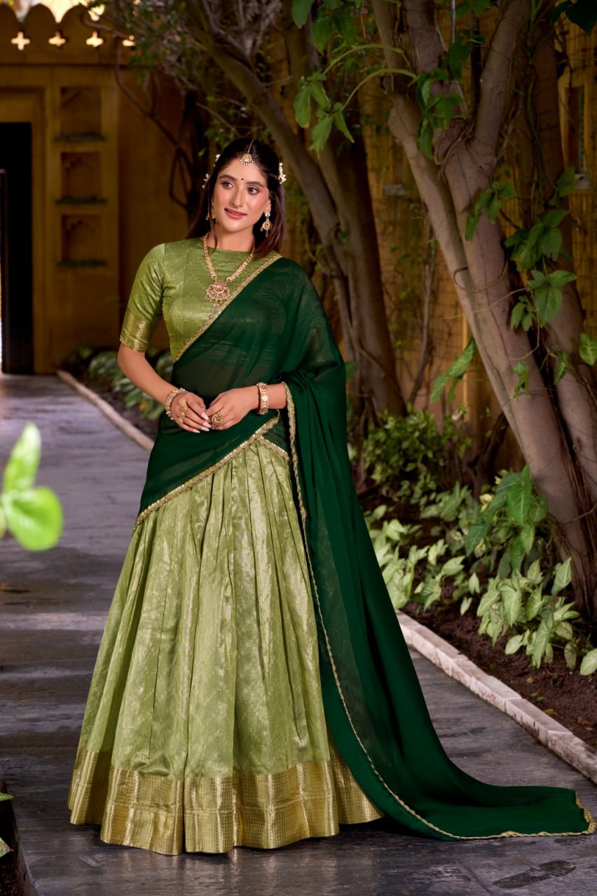 Pistachio Green Dupion Silk Zari Weaving Lehenga Choli Set with Dupatta