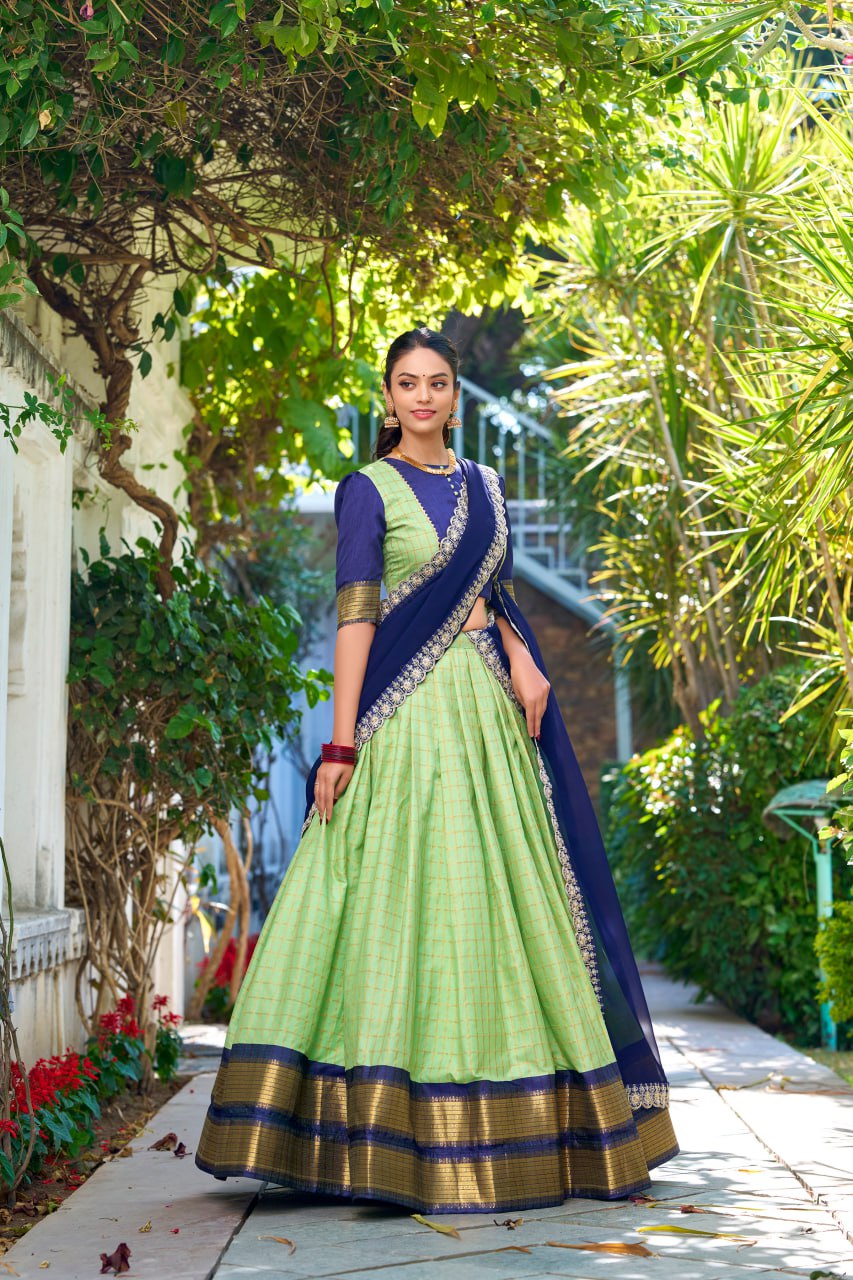 Pistachio Green Zari Chex Weaving Lehenga Choli with Georgette Dupatta