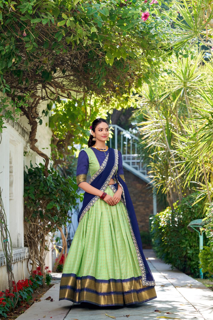Pistachio Green Zari Chex Weaving Lehenga Choli with Georgette Dupatta