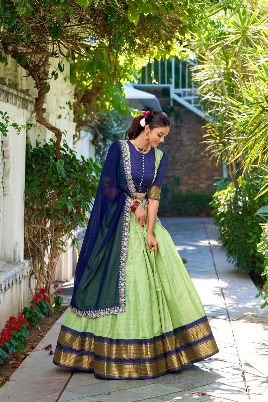 Pistachio Green Zari Chex Weaving Lehenga Choli with Georgette Dupatta