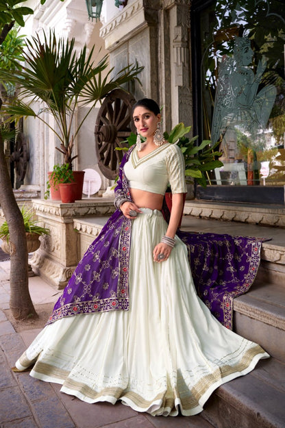 Premium Pure Rayon White Lehenga & Embroidered Purple Georgette Dupatta