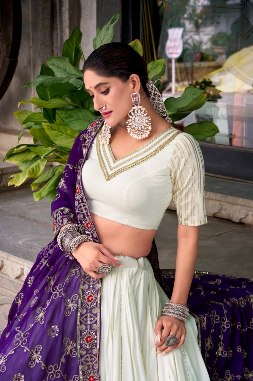 Premium Pure Rayon White Lehenga & Embroidered Purple Georgette Dupatta