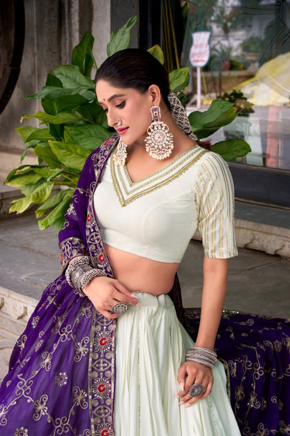 Premium Pure Rayon White Lehenga & Embroidered Purple Georgette Dupatta