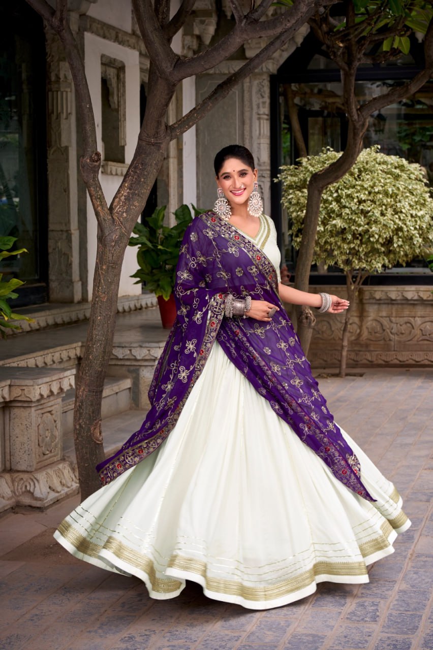 Premium Pure Rayon White Lehenga & Embroidered Purple Georgette Dupatta