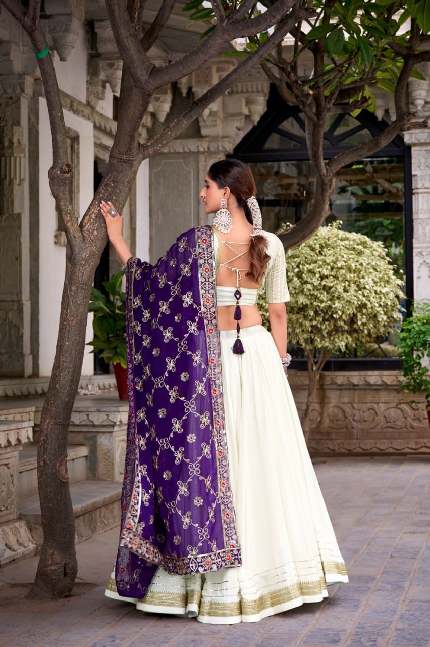 Premium Pure Rayon White Lehenga & Embroidered Purple Georgette Dupatta
