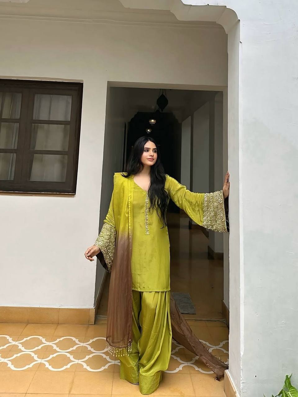 Punjabi Suit with Embroidery Work, Fancy Neck & Dupatta – Ready to Wear Palazzo Style Salwar Kameez