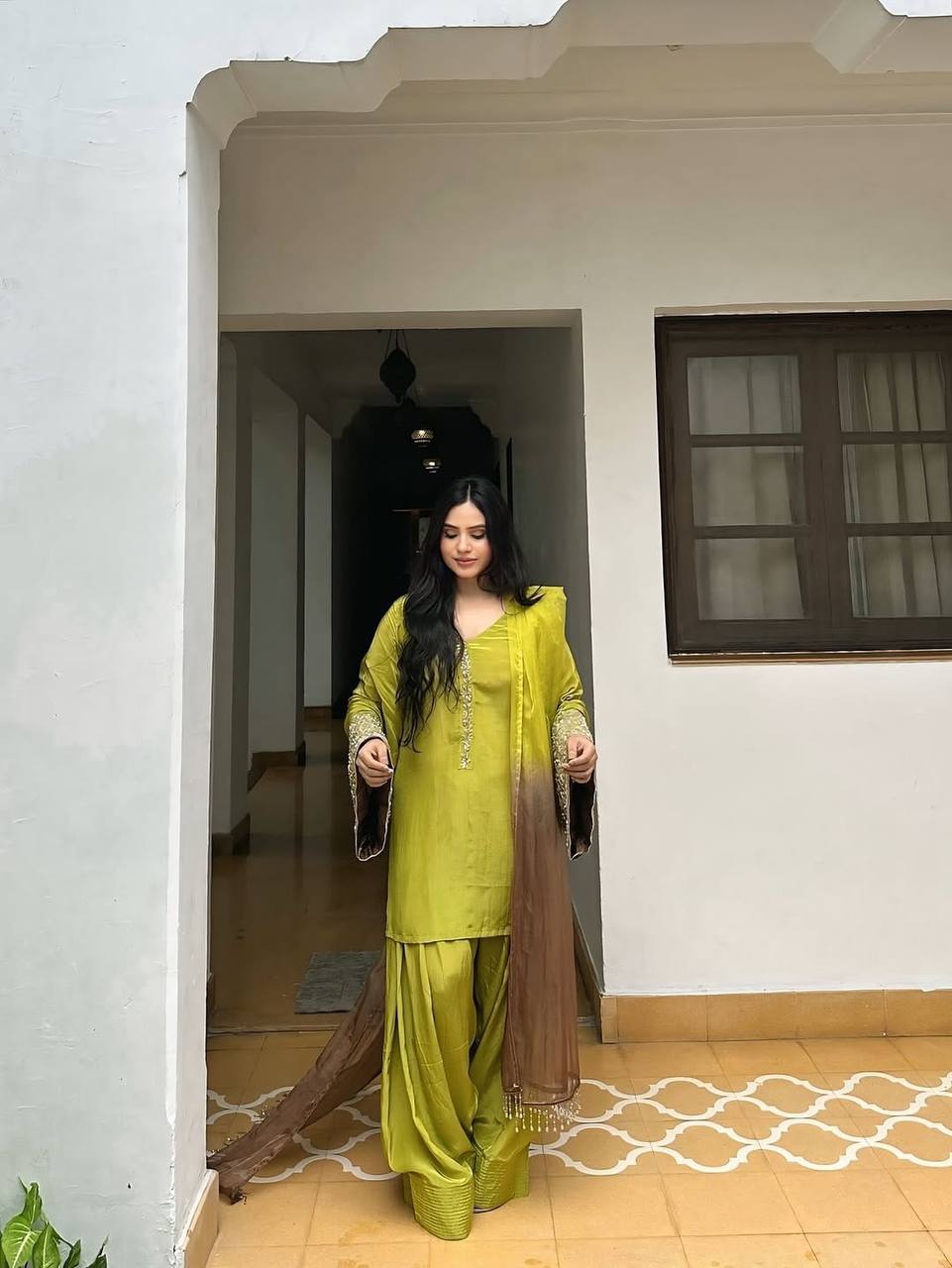 Punjabi Suit with Embroidery Work, Fancy Neck & Dupatta – Ready to Wear Palazzo Style Salwar Kameez